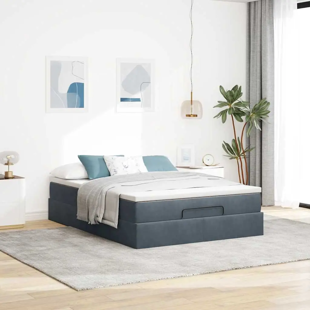 Ottoman Bed Double Velvet Grey Pocket Spring Mattress Storage