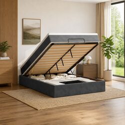 Queen Size Ottoman Bed with Pocket Spring Mattress in Grey Velvet