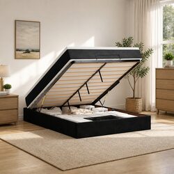 Queen Ottoman Bed with Pocket Spring Mattress in Black Velvet