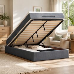 Premium Ottoman Bed with Pocket Spring Mattress in Grey Velvet