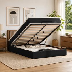 Double Ottoman Bed with Pocket Spring Mattress Black Faux Leather Storage