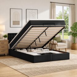 Sturdy Queen Ottoman Bed with Pocket Spring Mattress in Black
