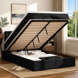 King Single Black Faux Leather Ottoman Bed with Storage