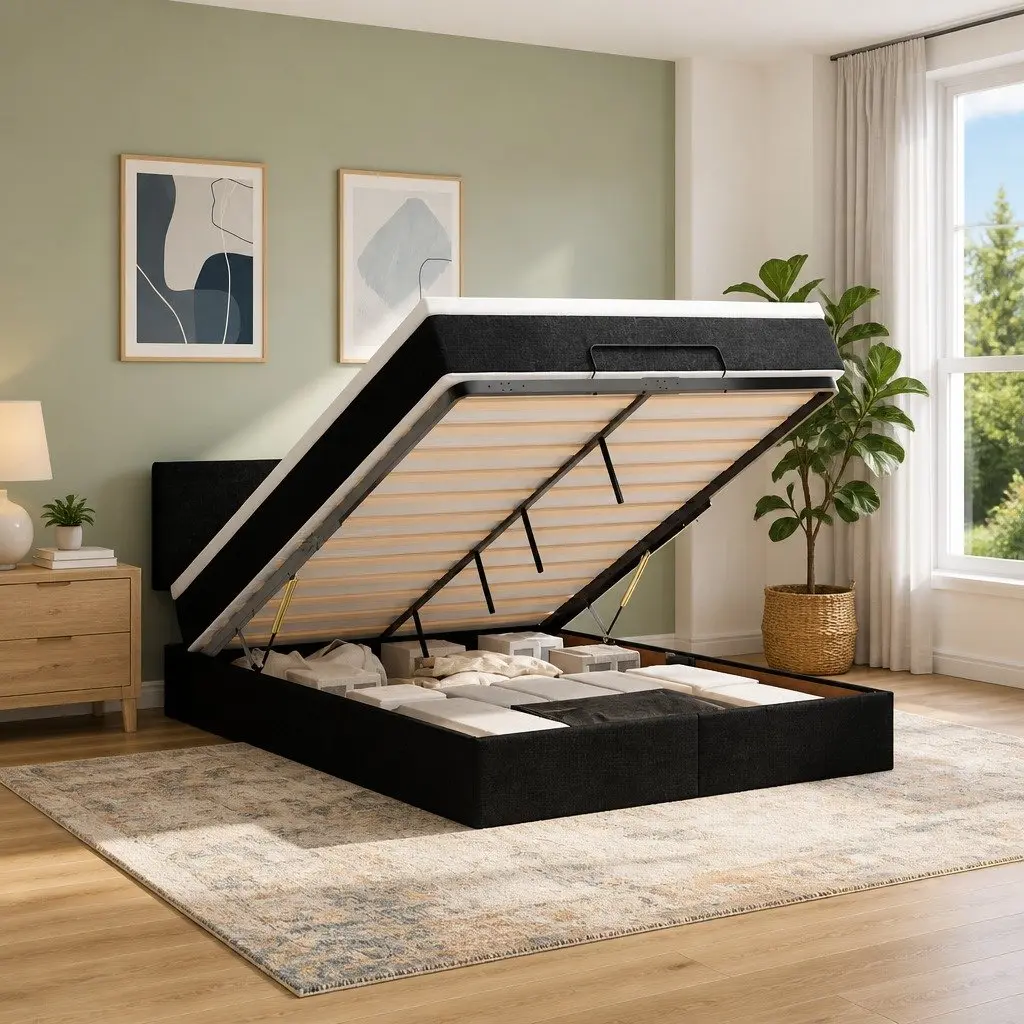 Black Upholstered Ottoman Bed with Mattress and Storage
