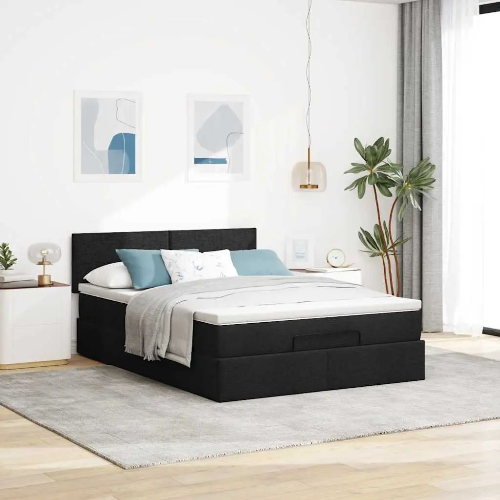 Black Upholstered Ottoman Bed with Mattress and Storage