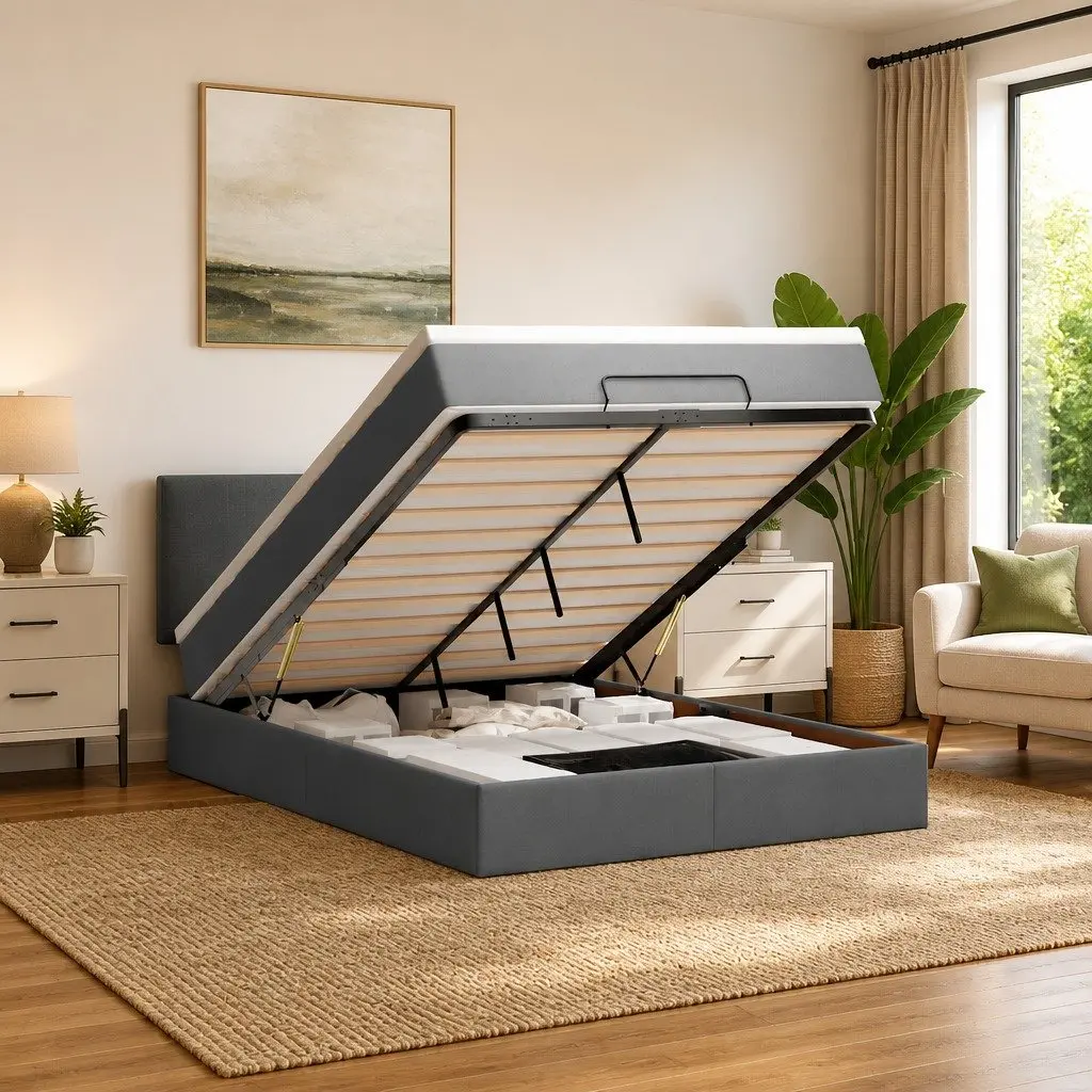 Grey Fabric Ottoman Bed Queen with Pocket Spring Mattress