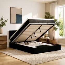 Black Fabric Queen Ottoman Bed with Pocket Spring Mattress