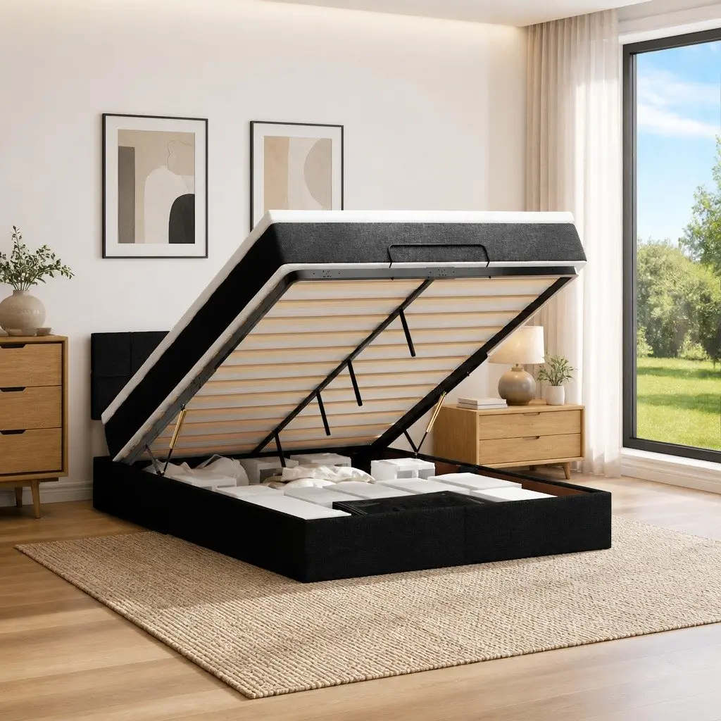 Ottoman Bed Polyester Fabric Black Double Size with Pocket Spring Mattress and Hydraulic Lift Storage Base