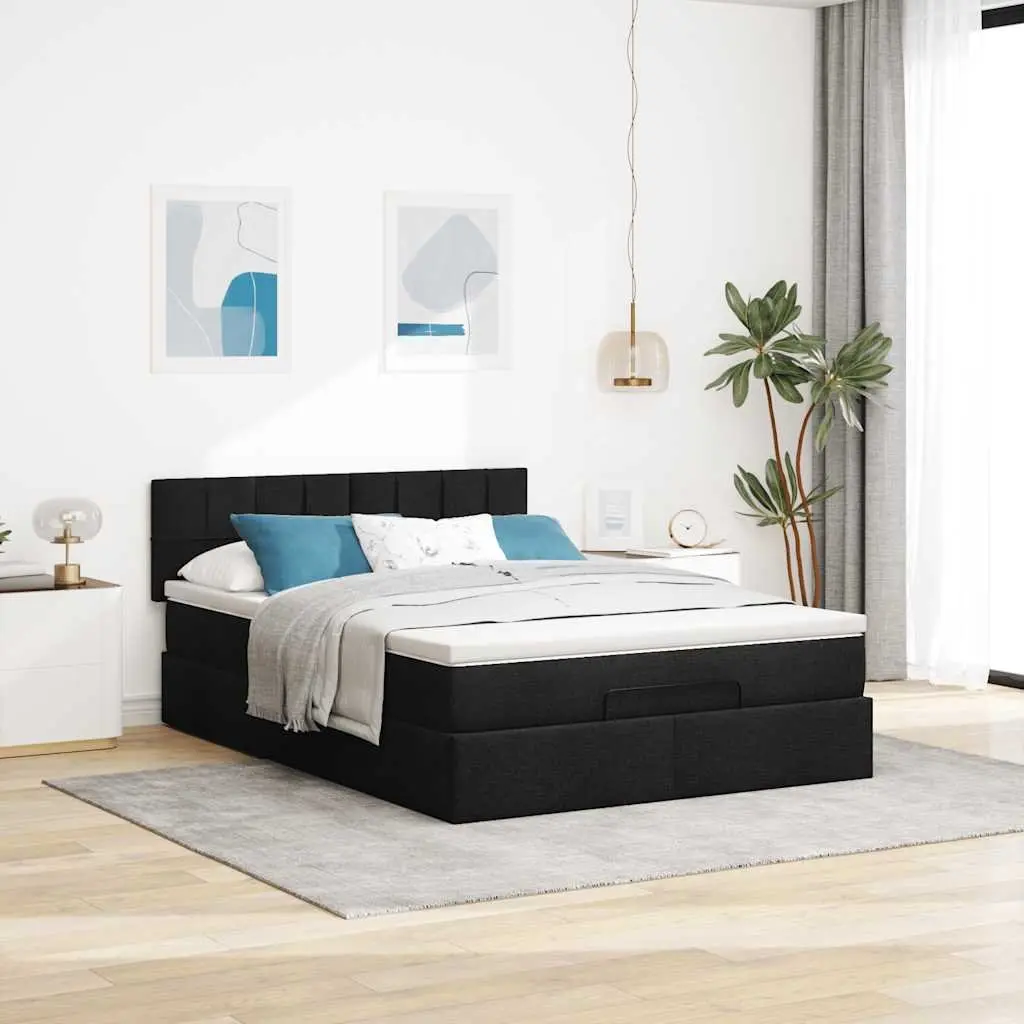 Ottoman Bed Polyester Fabric Black Double Size with Pocket Spring Mattress and Hydraulic Lift Storage Base