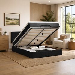 Black Fabric Ottoman Bed with Pocket Spring Mattress