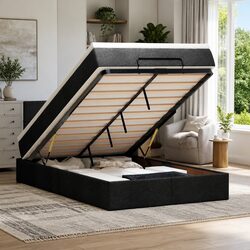 King Single Ottoman Bed with Pocket Spring Mattress Black Fabric Storage