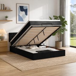 Ottoman Bed Double Black Fabric with Mattress Storage Lift Base Frame