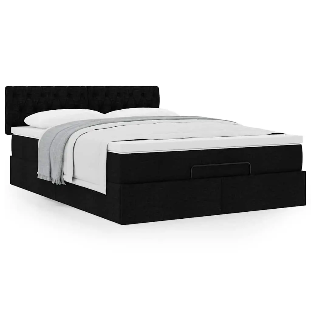 Ottoman Bed Double Polyester Fabric Black with Pocket Spring Mattress and Hydraulic Lift Storage Base