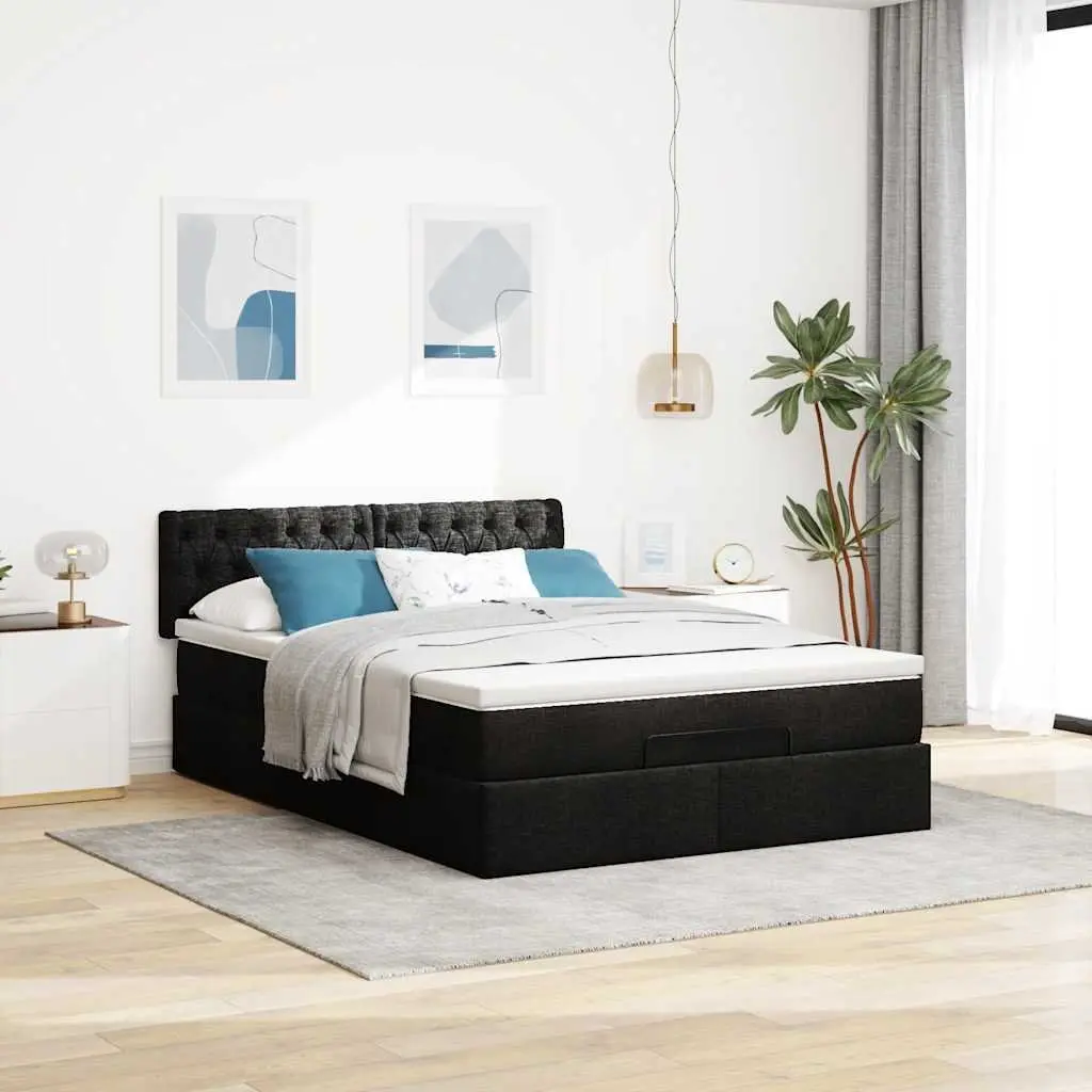 Ottoman Bed Double Polyester Fabric Black with Pocket Spring Mattress and Hydraulic Lift Storage Base