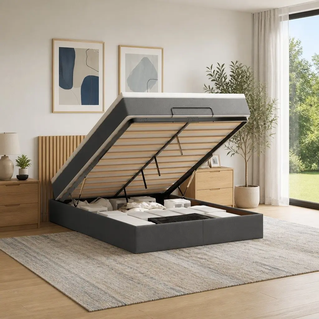 Ottoman Bed Polyester Fabric Queen Size Grey with Pocket Spring Mattress and Hydraulic Lift Storage Base
