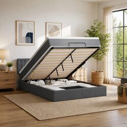 Premium Grey Fabric Double Ottoman Bed with Pocket Spring Mattress