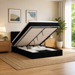 Quality Black Fabric Double Ottoman Bed with Mattress