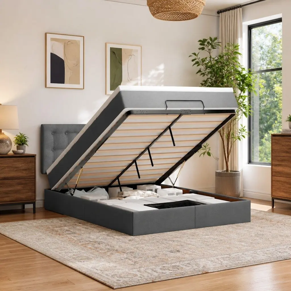 Ottoman Bed Queen Polyester Fabric Grey Pocket Spring Mattress Storage Lift Base
