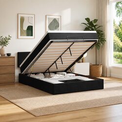 Queen Black Velvet Ottoman Bed with Storage Lift Mechanism