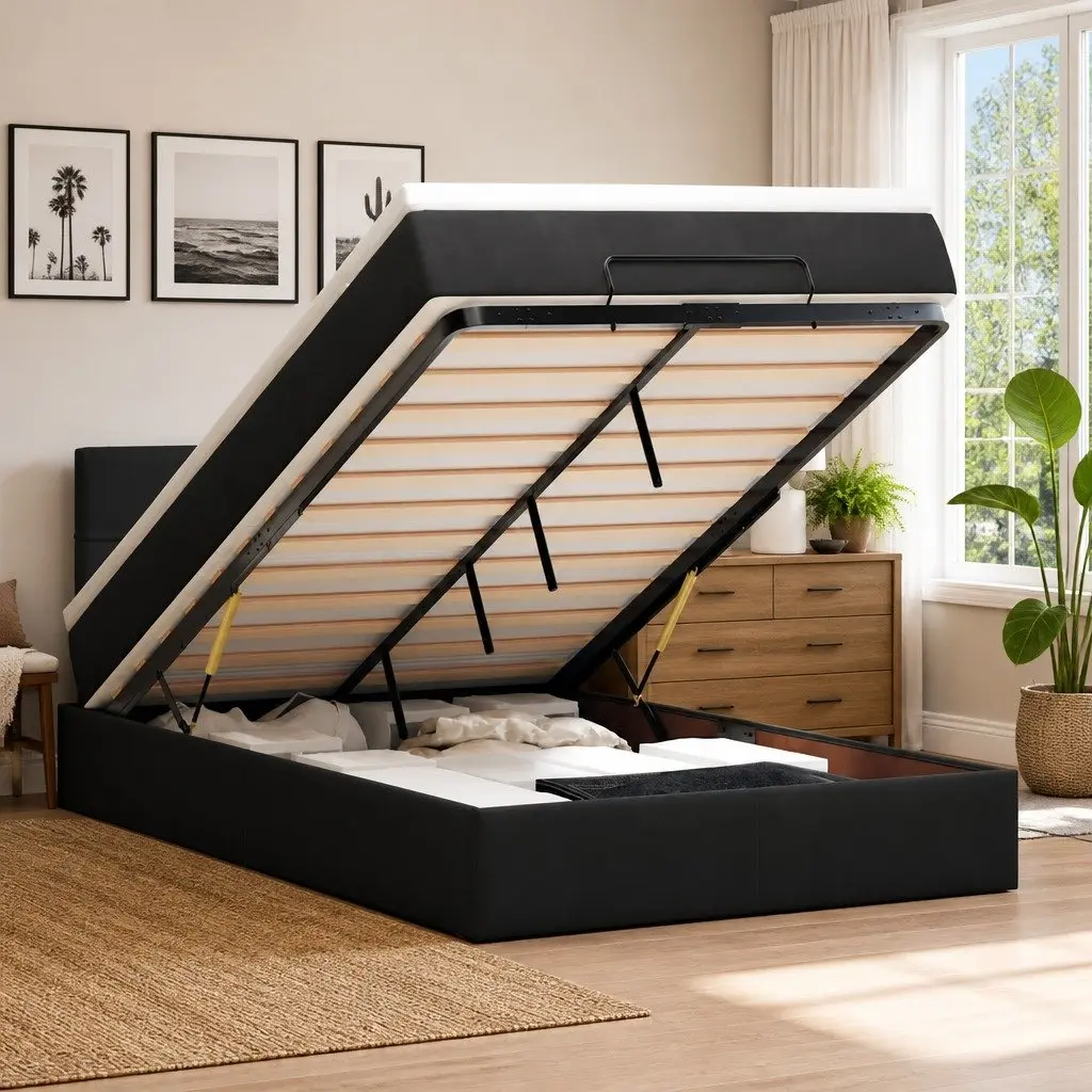 Ottoman Bed with Pocket Spring Mattress in Black Velvet