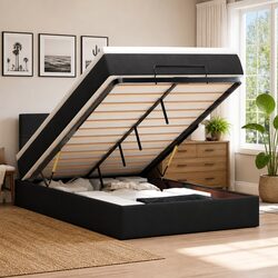 Sturdy Ottoman Bed with Pocket Spring Mattress in Black Velvet