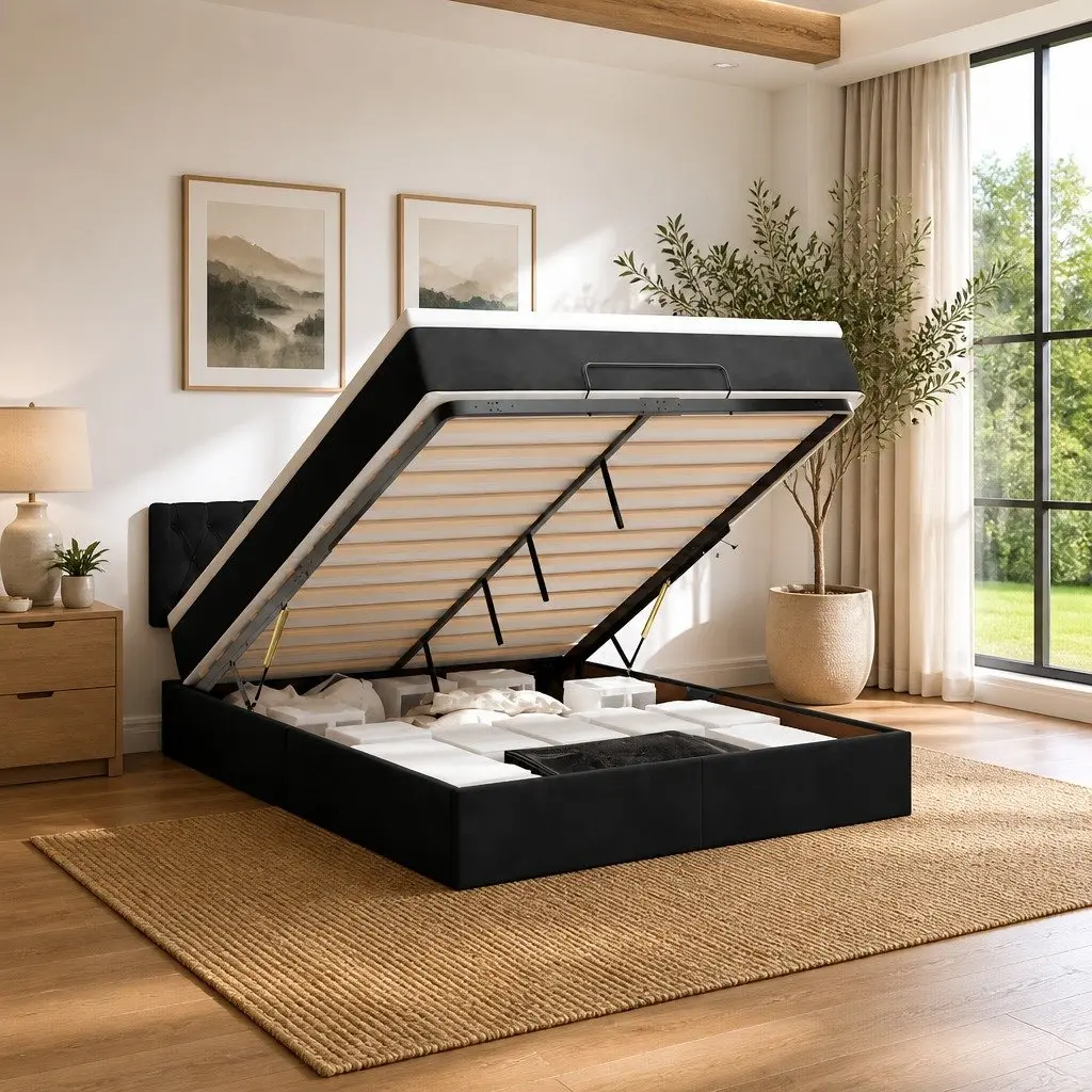 Double Ottoman Bed Velvet Black with Pocket Spring Mattress