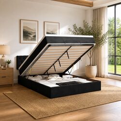 Premium Black Velvet Double Ottoman Bed with Mattress