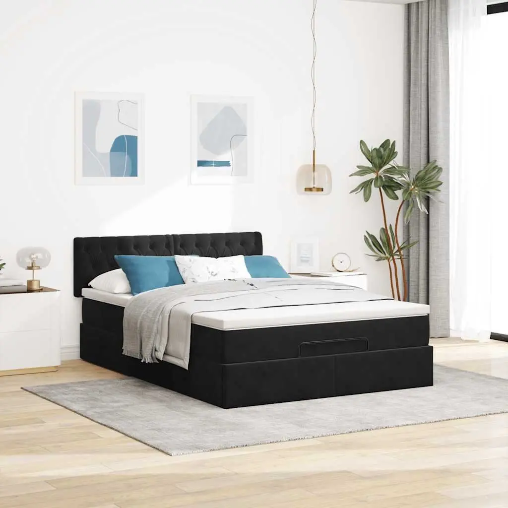 Double Ottoman Bed Velvet Black with Pocket Spring Mattress