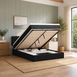 Black Velvet Queen Ottoman Bed with Pocket Spring Mattress