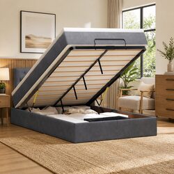 King Single Grey Velvet Ottoman Bed with Mattress