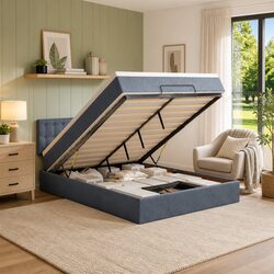Stylish Double Ottoman Bed with Grey Velvet and Pocket Spring Mattress