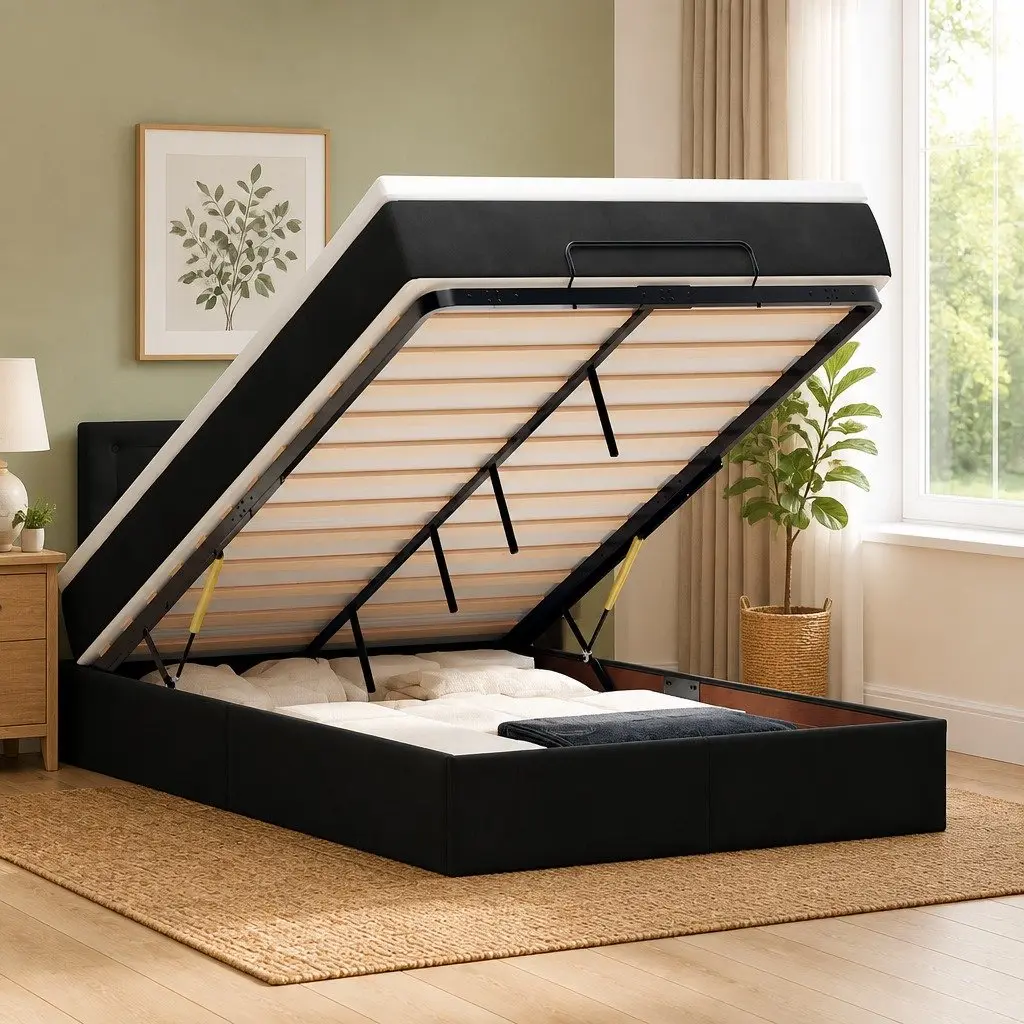Black King Single Ottoman Bed with Pocket Spring Mattress