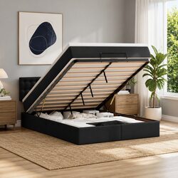 Black Faux Leather Ottoman Bed with Pocket Spring Mattresses