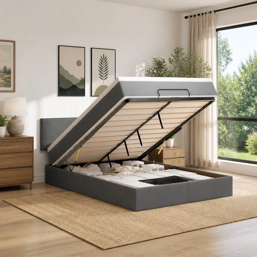 Ottoman Bed Pocket Spring Mattress Queen Grey Fabric