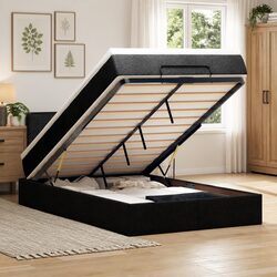 Black Fabric Ottoman Bed King Single with Pocket Spring Mattress and LED