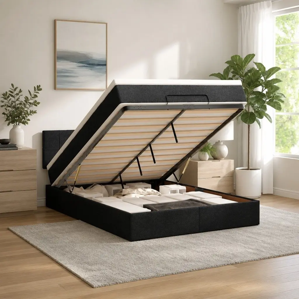 Double Black Fabric Ottoman Bed with Pocket Spring Mattress
