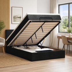 Ottoman Storage Bed King Single Black Pocket Spring Mattress LED Lights