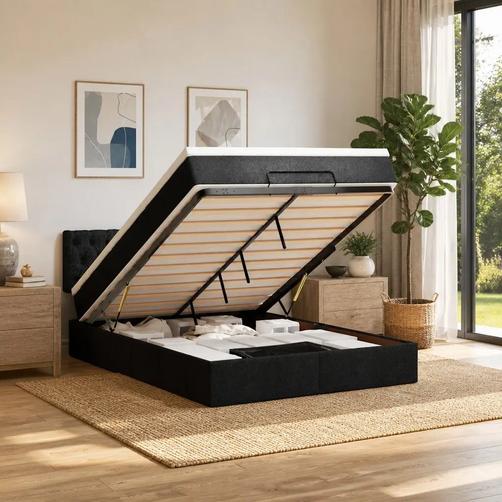 Double Ottoman Bed Pocket Spring Mattress Black Fabric