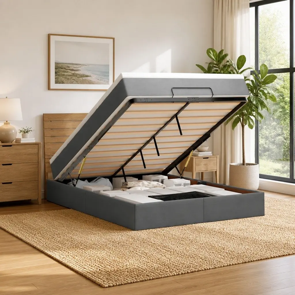 Queen Size Ottoman Bed with Pocket Spring Mattress & LED Lights