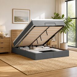Ottoman Bed Queen Size with Pocket Spring Mattress LED Lights Grey Fabric