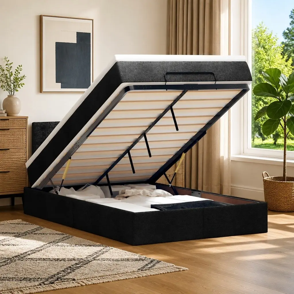 Black Fabric Ottoman Bed with Pocket Spring Mattress