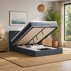 Double Grey Velvet Ottoman Bed with Pocket Spring Mattress