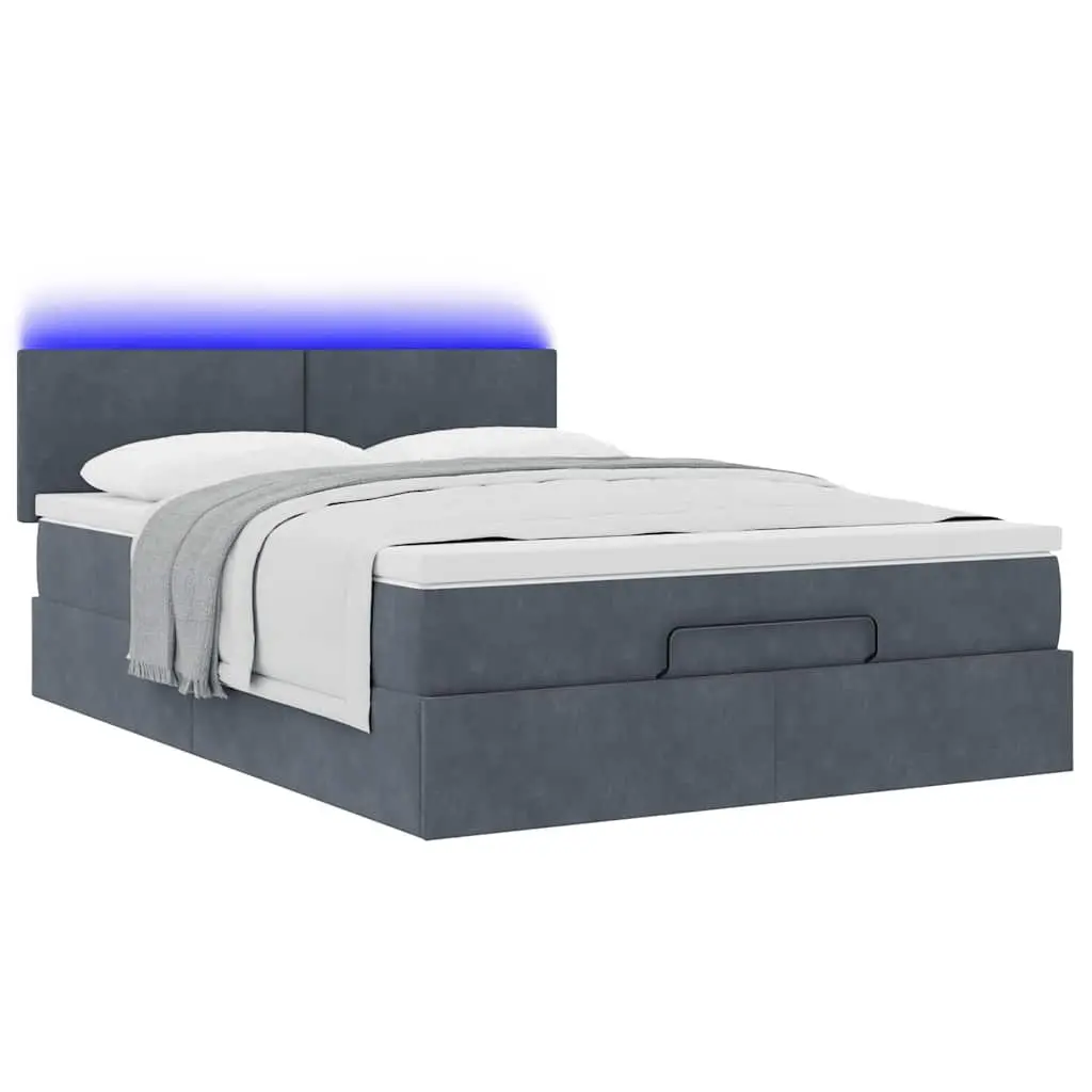 Ottoman Bed Velvet Grey Double with Pocket Spring Mattress Hydraulic Lift Storage LED