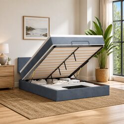 Grey Velvet Ottoman Bed with Pocket Spring Mattress