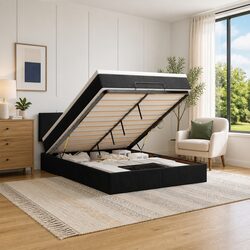 Black Ottoman Bed Queen with Pocket Spring Mattress and LED Lights