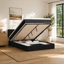 Ottoman Bed Double Black Velvet with Pocket Spring Mattress LED Lights Storage