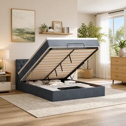 Stylish Grey Velvet Queen Ottoman Bed with Spring Mattress