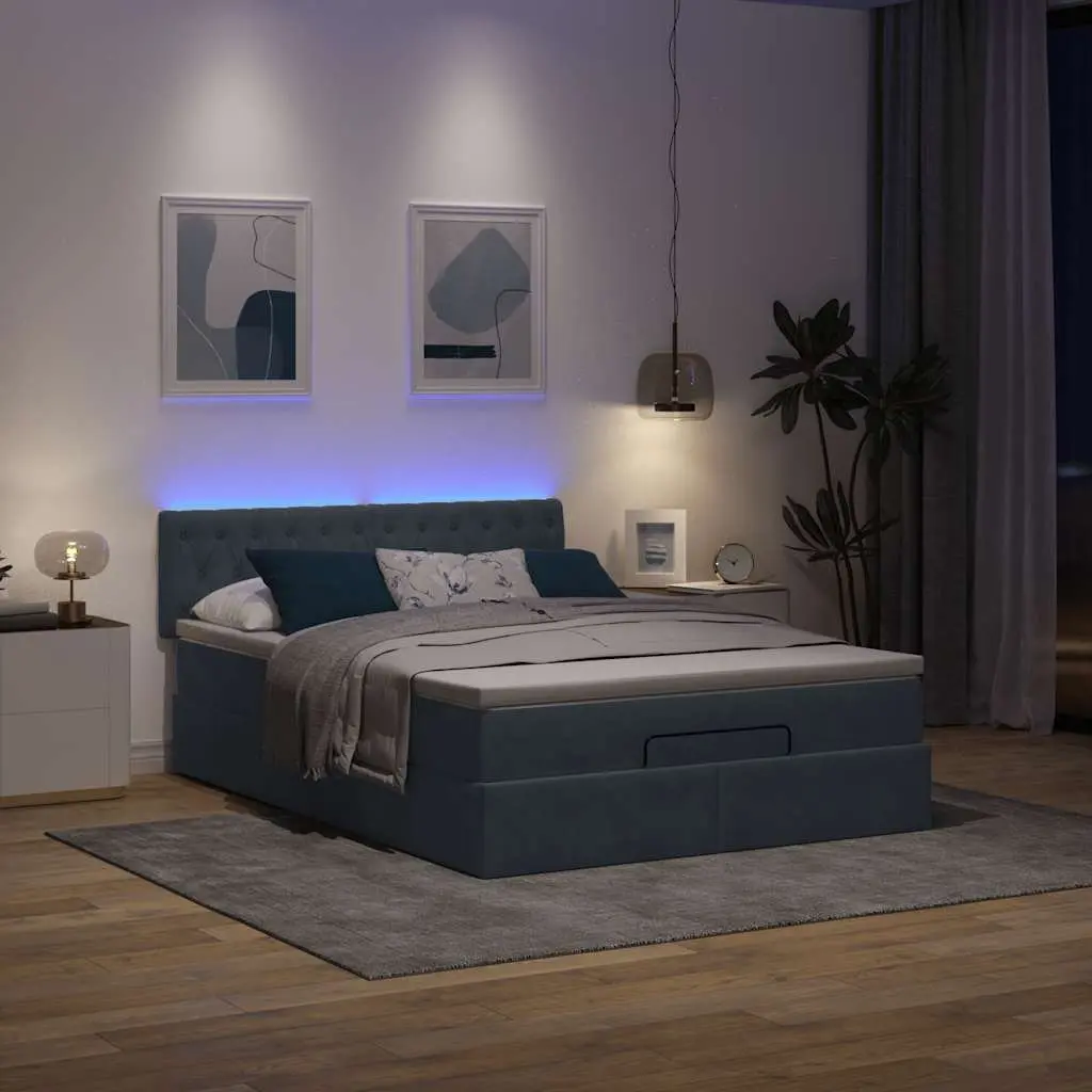 Ottoman Bed Velvet Queen Grey with Pocket Spring Mattress and LED Lights