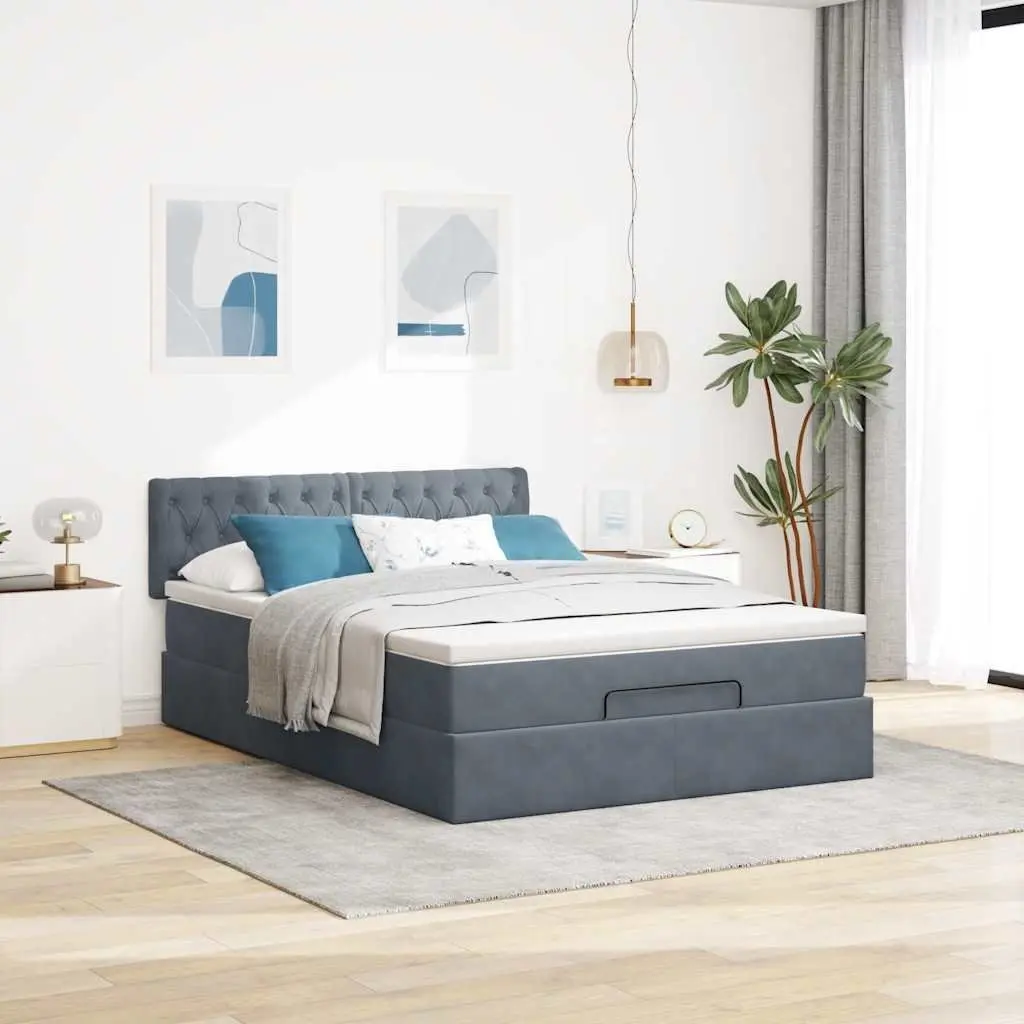 Ottoman Bed Velvet Queen Grey with Pocket Spring Mattress and LED Lights