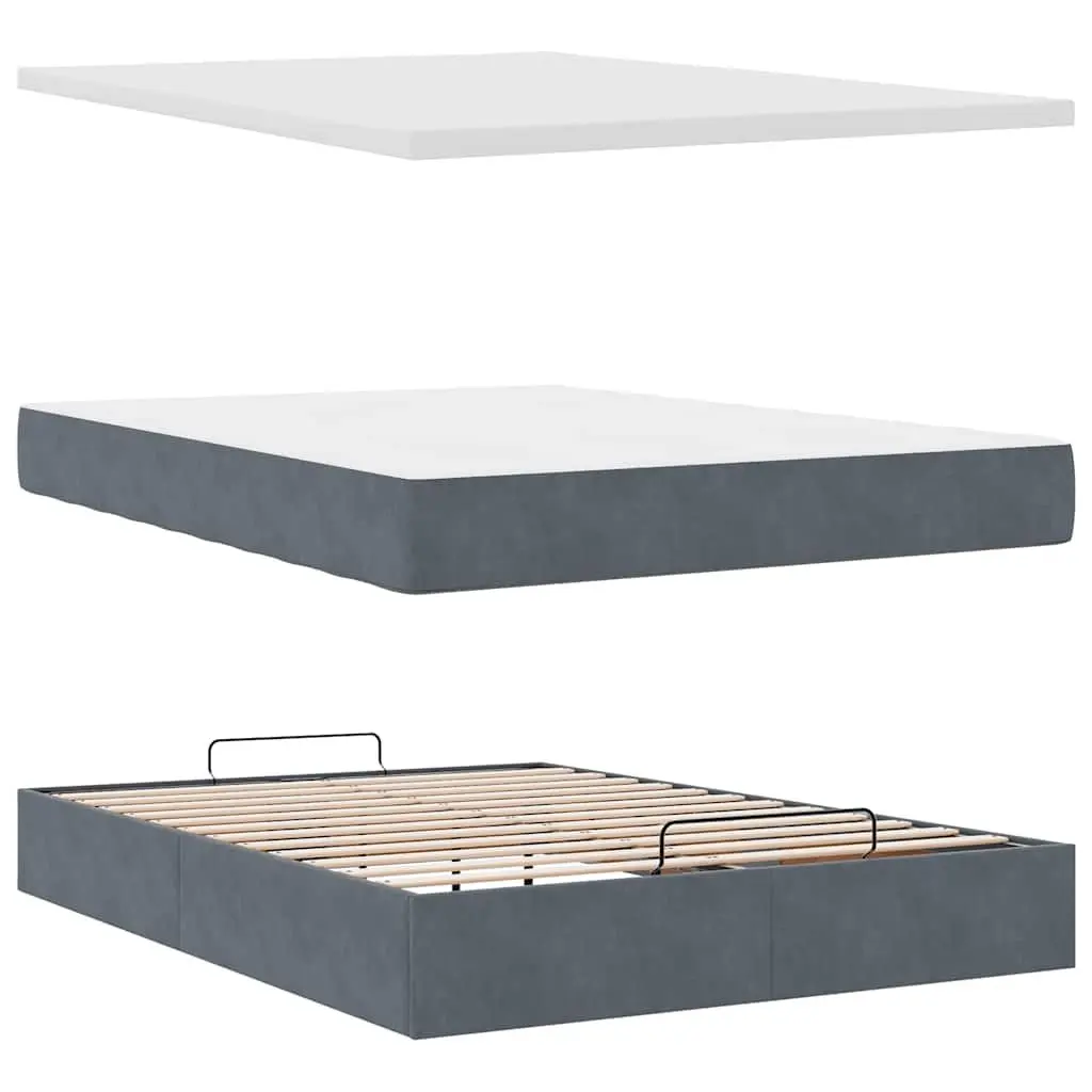 Ottoman Bed Velvet Queen Grey with Pocket Spring Mattress and LED Lights